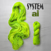 System AI - Hand dyed Variegated yarn, Fingering Weight, inspired by Dungeon Crawler Carl book series - florescent and regular green glows under blacklight
