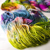 Creation is Louder Than Destruction - Hand dyed yarn, avocado green orange brown berry magenta teal with purple pink speckles - Andrea Gibson Poetry inspired