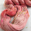 Peach Dahlia - Hand dyed variegated yarn - Merino Fingering to worsted dyed to order peach coral yellow green pink speckles