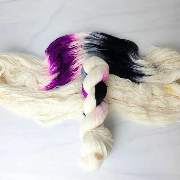 Asexual Flag I'd Rather Eat Cake  AP Style - assigned pooling variegated yarn -white yarn with a purple grey black ace pop - LGBTQIA gay pride
