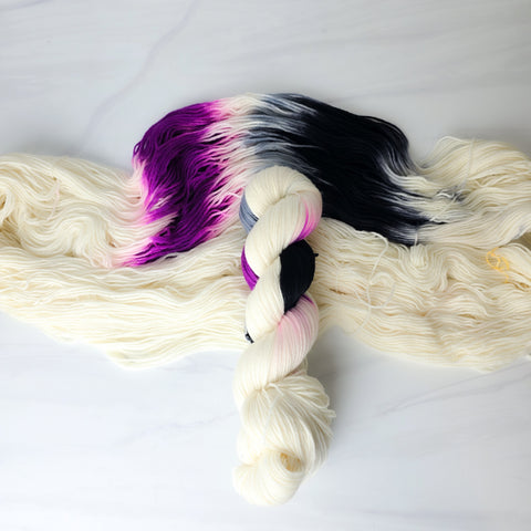 Asexual Flag I'd Rather Eat Cake  AP Style - assigned pooling variegated yarn -white yarn with a purple grey black ace pop - LGBTQIA gay pride
