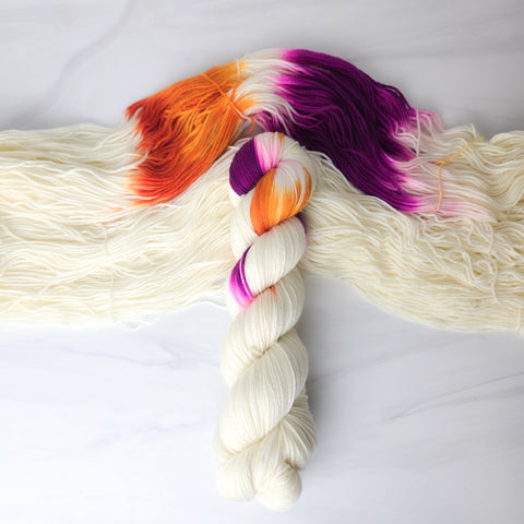 Lesbian Flag Girl Crush AP Style - assigned pooling variegated yarn -white yarn with a purole orange pop - LGBTQIA gay pride