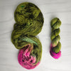Bell Vine - Hand dyed assigned pooling yarn - moss green with pink maroon pop