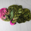 Bell Vine - Hand dyed assigned pooling yarn - moss green with pink maroon pop
