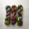 Fungus Alchemy - Hand dyed yarn, Fingering Weight, Halloween yarn - wine plum teal acid green storm grey