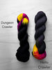 Hello Crawlers - ready to ship Hand dyed Assigned Pooling yarn, Fingering Weight, inspired by Dungeon Crawler Carl book series - dark charcoal with pop of yellow and magenta pink