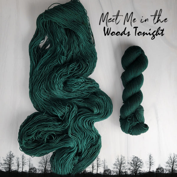 Meet Me in the Woods Tonight - Hand dyed tonal yarn - Merino Fingering lace dk worsted dark forest green teal Lord Huron inspired with red green speckles