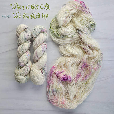 When it got cold we bundled up - Hand dyed variegated yarn - Indie Song Tracks collection - Merino Fingering to worsted dyed to order - white with purple pink teal moss green speckles