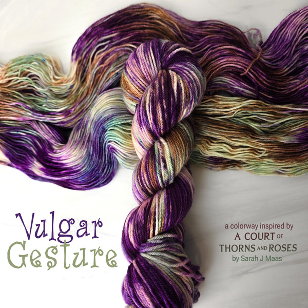 Vulgar Geature - Hand dyed yarn, Fingering Weight, inspired by ACOTAR by Sarah J Maas - Sage Green brown and boysenberry purple eggplant
