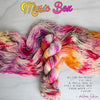 Music Box - Hand dyed yarn, orange fuchsia magenta purple white green speckled - Andrea Gibson Poetry inspired