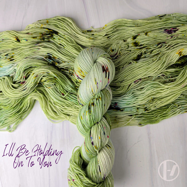 I'll be holding on to you - Hand dyed yarn, light moss green with dark moss green and purple speckles inspired by twenty one pilots 21 lyrics