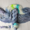 Barrel - Hand dyed yarn, assigned pooling - Nightmare Before Christmas inspired collection - periwinkle blue grey with pop of white and neon blue and lime green glows under blacklight