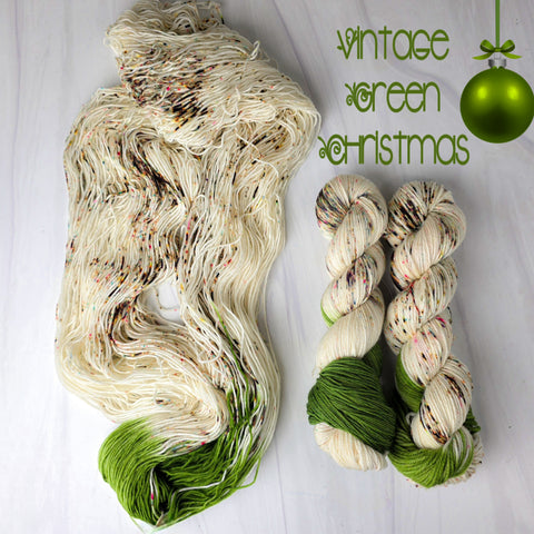 Vintage Green Christmas - Hand dyed assigned pooling yarn -SW Merino choose your base fingering sock dk lace bulky aran - white with speckles and a pop of moss green