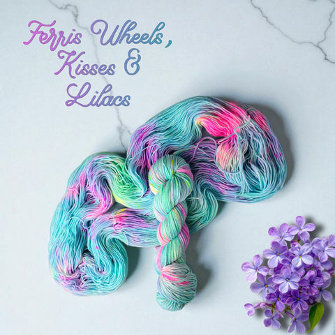 Ferris Wheels Kisses And Lilacs - Hand dyed, neon pastel blue pink yellow -  Taylor Swift inspired yarn glows under blacklight
