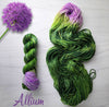 Allium - Hand dyed assigned pooling yarn - leafy grass evergreen green with a pop of lilac purple