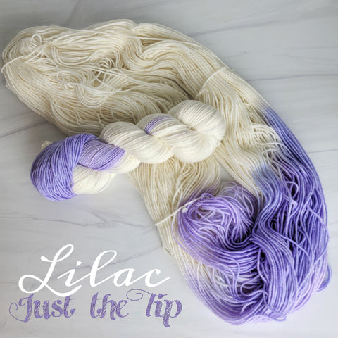Lilac Just the Tip-  Hand dyed Assigned color pooling yarn - white with contrast color