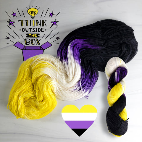 Think Outside the Box - nonbinary flag - Hand dyed variegated yarn - yellow white purple black -  gay pride LGBTQ