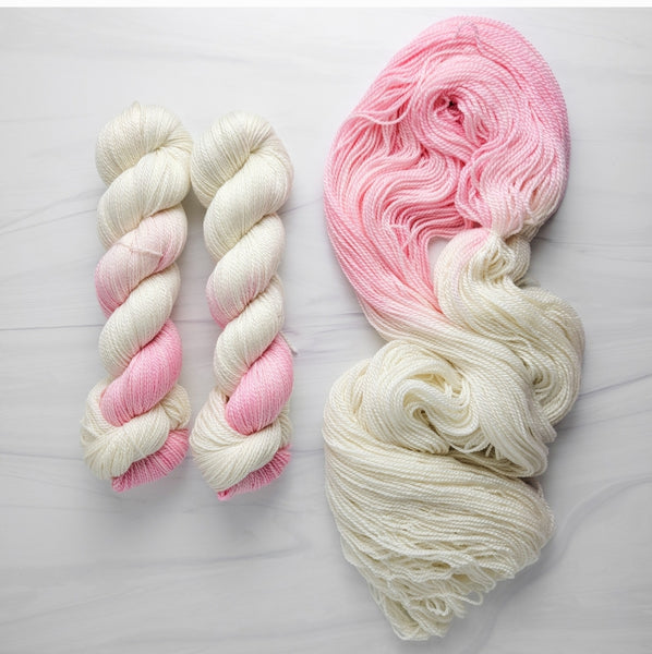 Ballerina - Just the Tip-  Hand dyed Assigned color pooling yarn - white with contrast color