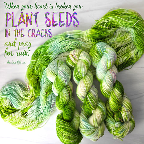 Plant Seeds in the Cracks - Hand dyed yarn, bright green soft teal white avocado lime with teal and purple pink speckles - Andrea Gibson Poetry inspired