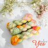 A Bouquet of Yes - Hand dyed yarn,  white peach coral orange yellow green, moss green and purple berry speckles - Andrea Gibson Poetry inspired