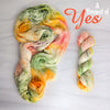 A Bouquet of Yes - Hand dyed yarn,  white peach coral orange yellow green, moss green and purple berry speckles - Andrea Gibson Poetry inspired