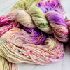I'm not looking for roses - Hand dyed yarn,  white green brown purple speckled, peach pink moss berry mauve - Andrea Gibson Poetry inspired