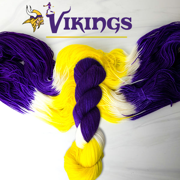 Vikings - Hand dyed yarn -  Fingering to bulky- purple yellow white team colors Minnesota
