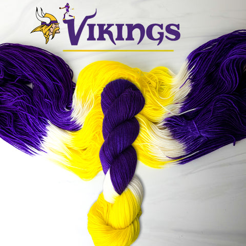 Vikings - Hand dyed yarn -  Fingering to bulky- purple yellow white team colors Minnesota