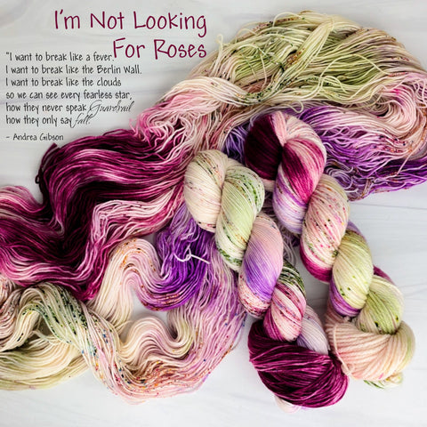 I'm not looking for roses - Hand dyed yarn,  white green brown purple speckled, peach pink moss berry mauve - Andrea Gibson Poetry inspired