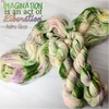 Imagination is an act of liberation - Hand dyed yarn, white with rich grass green and pastel purple pink peach yellow and speckles of mood green purple pink teal - Andrea Gibson Poetry inspired