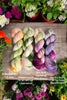 A Bouquet of Yes - Hand dyed yarn,  white peach coral orange yellow green, moss green and purple berry speckles - Andrea Gibson Poetry inspired