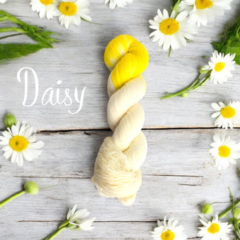 Daisy - Just the Tip-  Hand dyed Assigned color pooling yarn - white with contrast color pop of yellow
