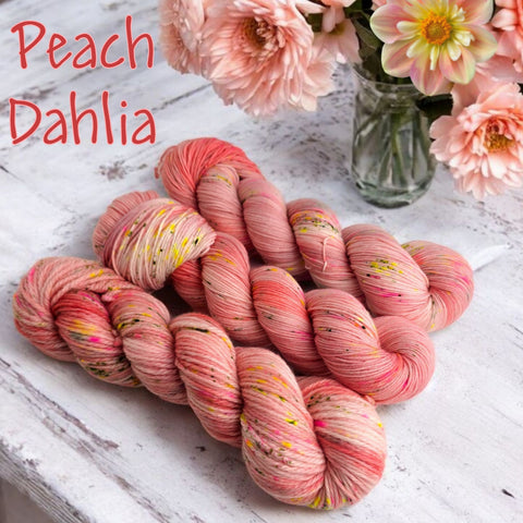 Peach Dahlia - Hand dyed variegated yarn - Merino Fingering to worsted dyed to order peach coral yellow green pink speckles