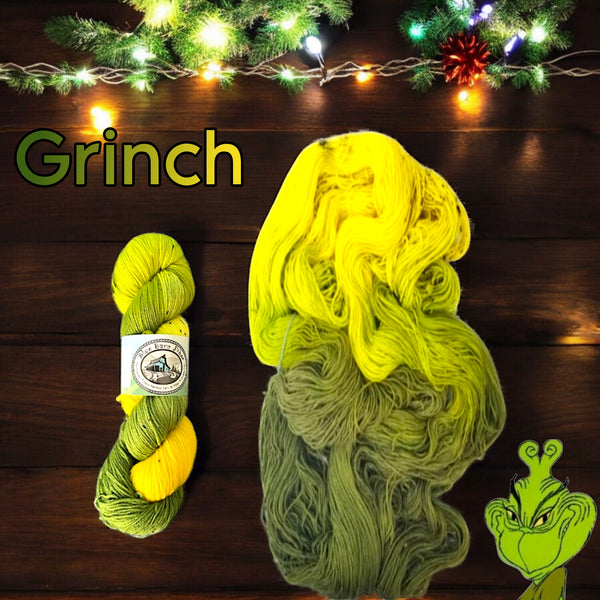 Grinch - Hand dyed christmas yarn, Green Chartreuse black spots