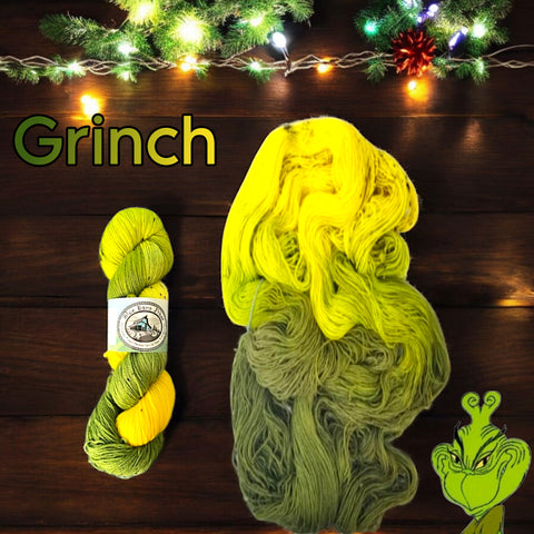 Grinch - Hand dyed christmas yarn, Green Chartreuse black spots