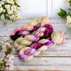 I'm not looking for roses - Hand dyed yarn,  white green brown purple speckled, peach pink moss berry mauve - Andrea Gibson Poetry inspired