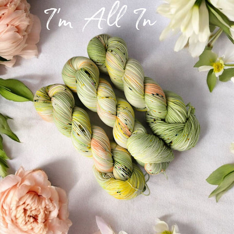I'm All In - Hand dyed yarn,  pistachio light green peach yellow, moss green speckles inside by twenty one pilots 21 lyrics
