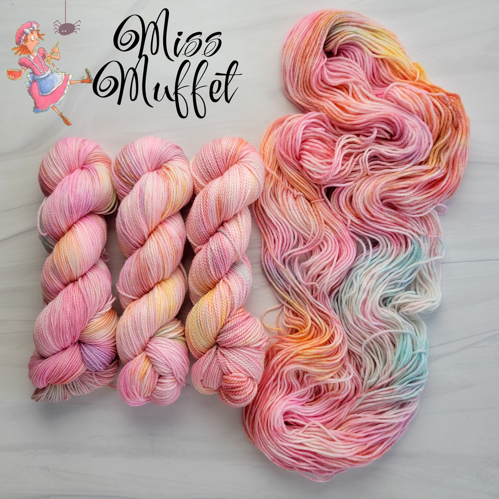 Miss Muffet - Hand dyed variegated yarn -pastel pink with rainbow pops -  lullabies and nursery rhymes collection