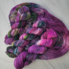 Flowers in Your Hair - Hand dyed variegated yarn - Indie Song Tracks collection - Merino Fingering to worsted dyed to order - dark purple pink with teal moss green and speckles