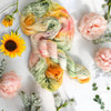 A Bouquet of Yes - Hand dyed yarn,  white peach coral orange yellow green, moss green and purple berry speckles - Andrea Gibson Poetry inspired