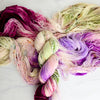 I'm not looking for roses - Hand dyed yarn,  white green brown purple speckled, peach pink moss berry mauve - Andrea Gibson Poetry inspired