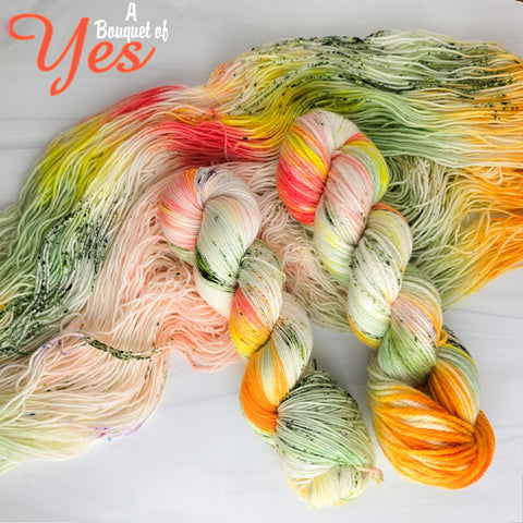 A Bouquet of Yes - Hand dyed yarn,  white peach coral orange yellow green, moss green and purple berry speckles - Andrea Gibson Poetry inspired