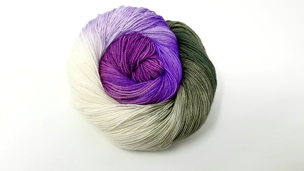 Orchid - Hand dyed yarn Merino Fingering purple green moss flower