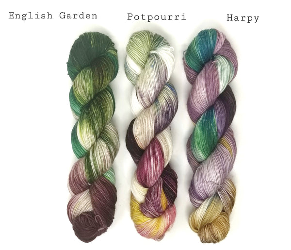 Fade Yarn Set - English Garden Potpourri Harpy- 3 100g skeins of Hand dyed - yarn set