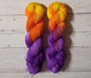 Hocus Pocus -  Hand dyed palindrome yarn - purple orange yellow Halloween sunset colors