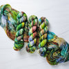 Light in the Forest -  Hand dyed variegated yarn - green purple blue lime toffee maroon