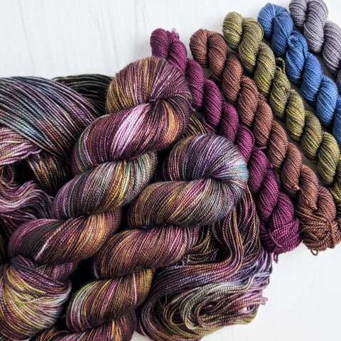 Moria - Hand dyed yarn - LOTR yarn colors dark brown green red blue grey