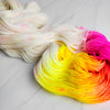 Neon Flowers - Hand dyed yarn, Fingering Weight, assigned color pooling - florescent fuchsia yellow white glows in black light