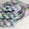 Theia - Hand dyed Variegated yarn -  Fingering to bulky-  Greek Gods collection - pink gerb green slate blue grey speckled Greek Goddess collection