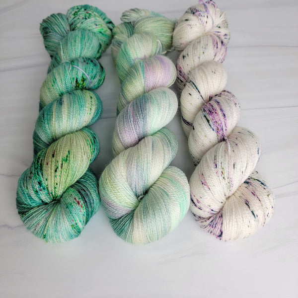 Fade Yarn Set - Frozen Dew  - spruce dew drop frozen flowers-  3 100g skeins of Hand dyed